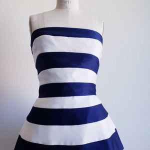 Vintage 80s Blue And White Stripe Victor Costa Party Dress - ChicCityVintage