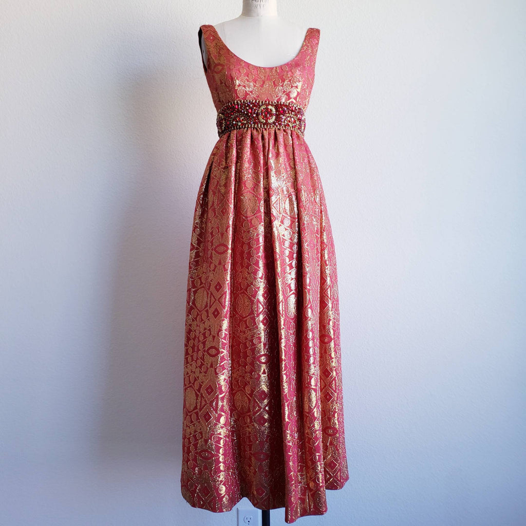 Vintage 60s Coral And Gold Metallic Brocade Bejeweled Maxi Harvey Berin Gown Dress - ChicCityVintage