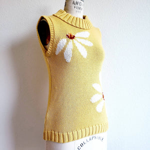 Vintage 70s/80s Richard and Company Beaded Floral Yellow Sleeveless Turtleneck Sweater - ChicCityVintage