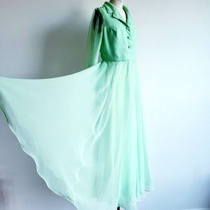 Vintage 70s Lime Green Chiffon Miss Elliette Maxi Dress - ChicCityVintage