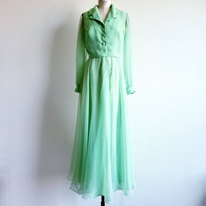 Vintage 70s Lime Green Chiffon Miss Elliette Maxi Dress - ChicCityVintage