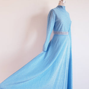 Vintage 70s Blue Lurex Maxi Dress - ChicCityVintage