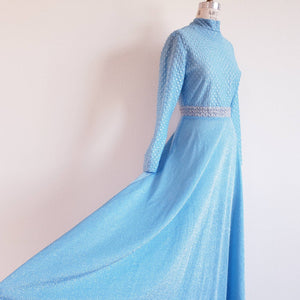 Vintage 70s Blue Lurex Maxi Dress - ChicCityVintage