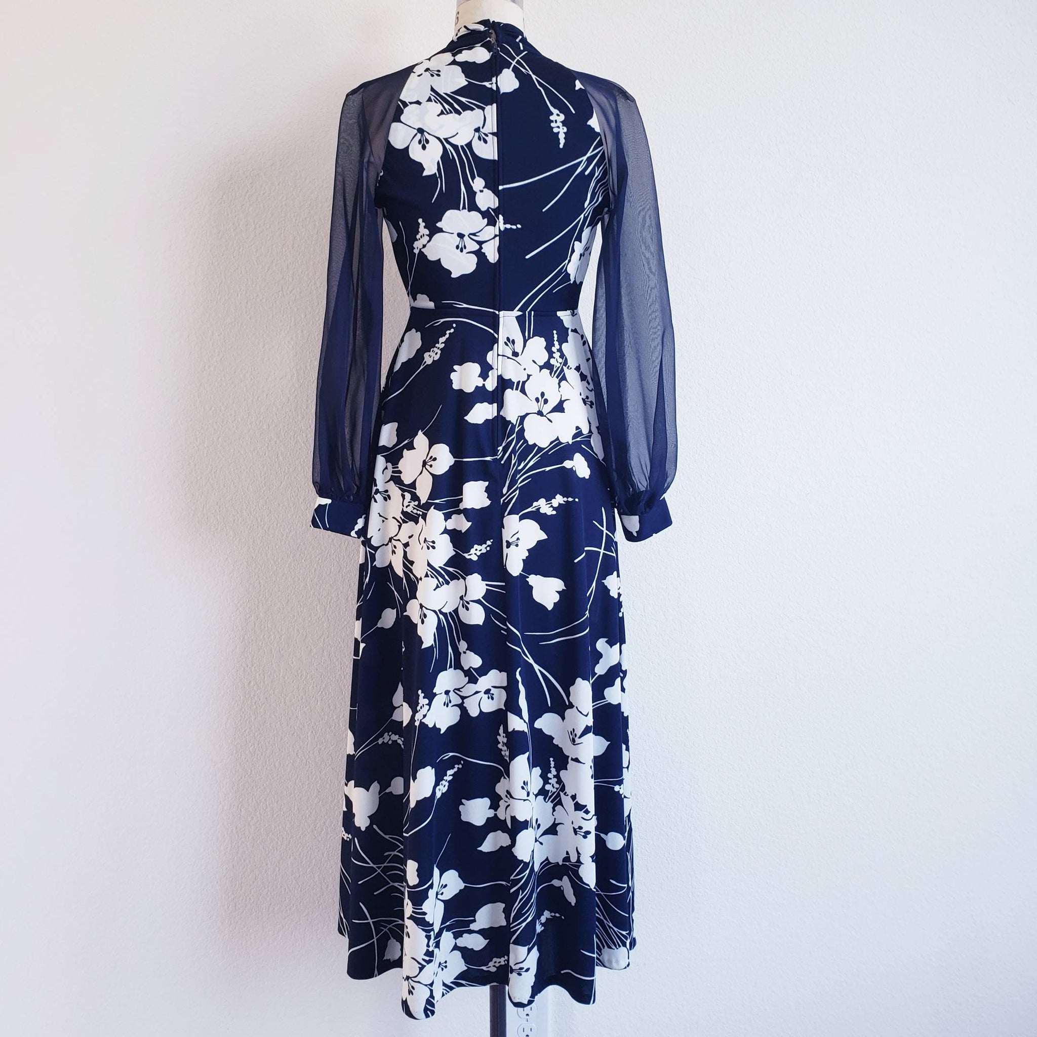 Vintage 70s Blue And White Floral Maxi Dress With Sheer Sleeves - ChicCityVintage