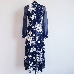 Vintage 70s Blue And White Floral Maxi Dress With Sheer Sleeves - ChicCityVintage