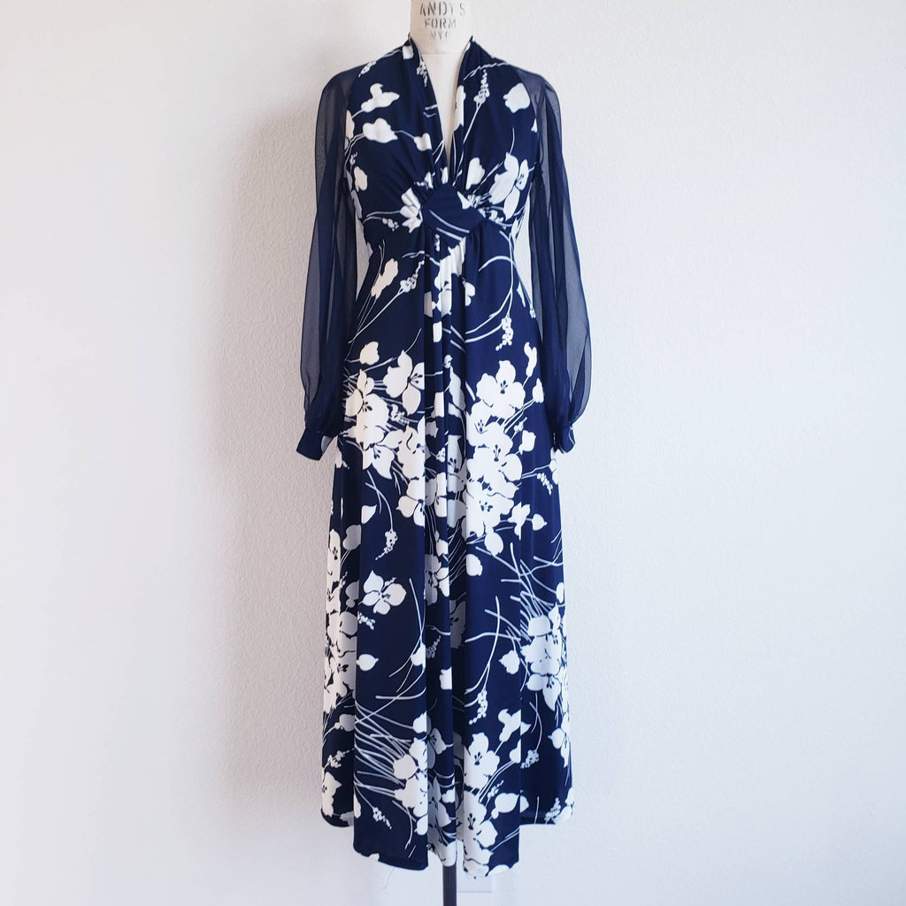 Vintage 70s Blue And White Floral Maxi Dress With Sheer Sleeves - ChicCityVintage