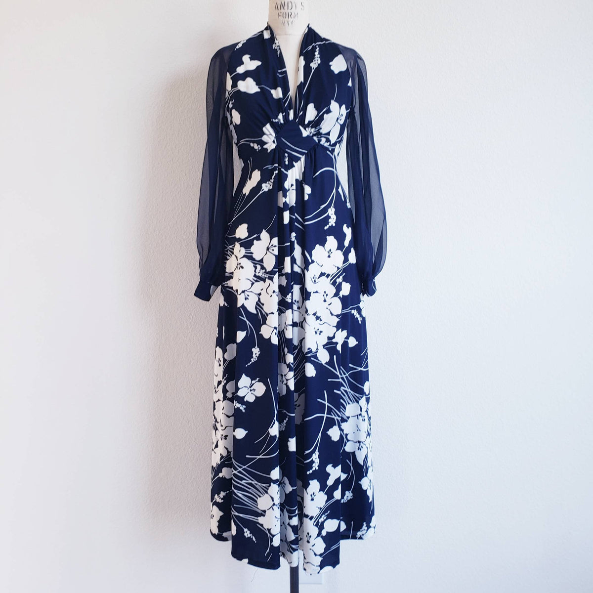 Vintage 70s Blue And White Floral Maxi Dress With Sheer Sleeves ...