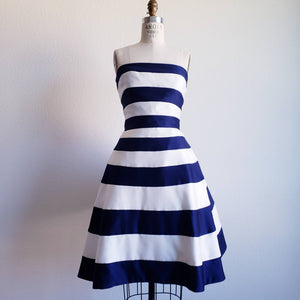 Vintage 80s Blue And White Stripe Victor Costa Party Dress - ChicCityVintage