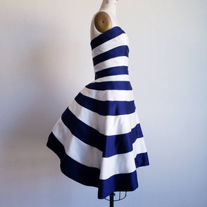 Vintage 80s Blue And White Stripe Victor Costa Party Dress - ChicCityVintage