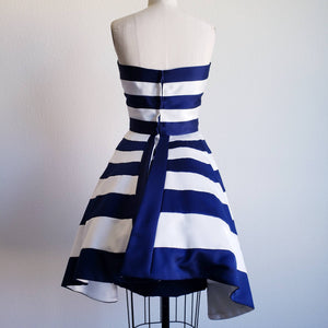 Vintage 80s Blue And White Stripe Victor Costa Party Dress - ChicCityVintage