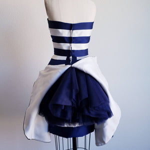 Vintage 80s Blue And White Stripe Victor Costa Party Dress - ChicCityVintage