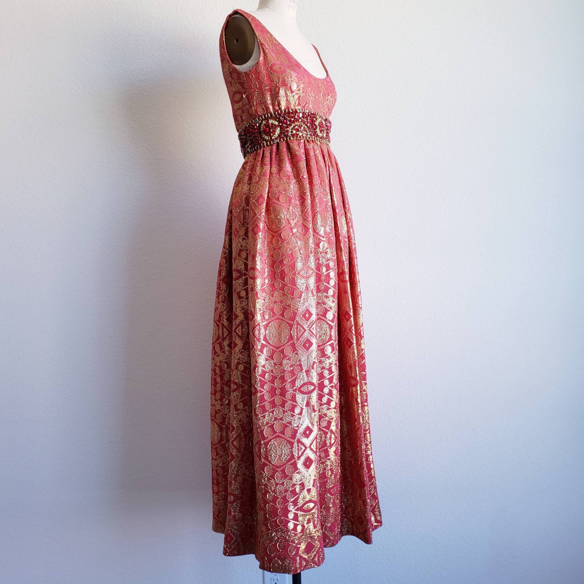 Vintage 60s Coral And Gold Metallic Brocade Bejeweled Maxi Harvey Berin Gown Dress - ChicCityVintage