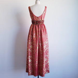 Vintage 60s Coral And Gold Metallic Brocade Bejeweled Maxi Harvey Berin Gown Dress - ChicCityVintage