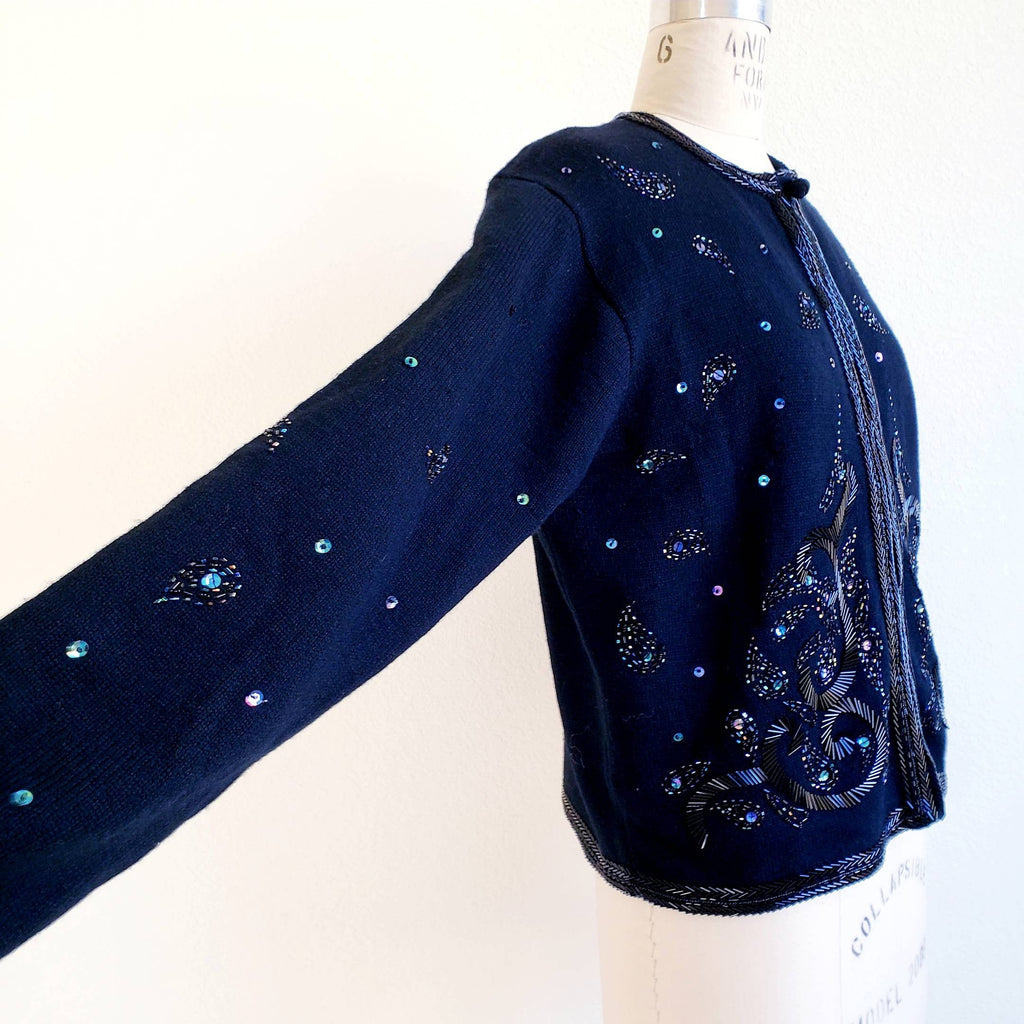 Vintage 50s/60s Black Bead And Sequin Cardigan - ChicCityVintage