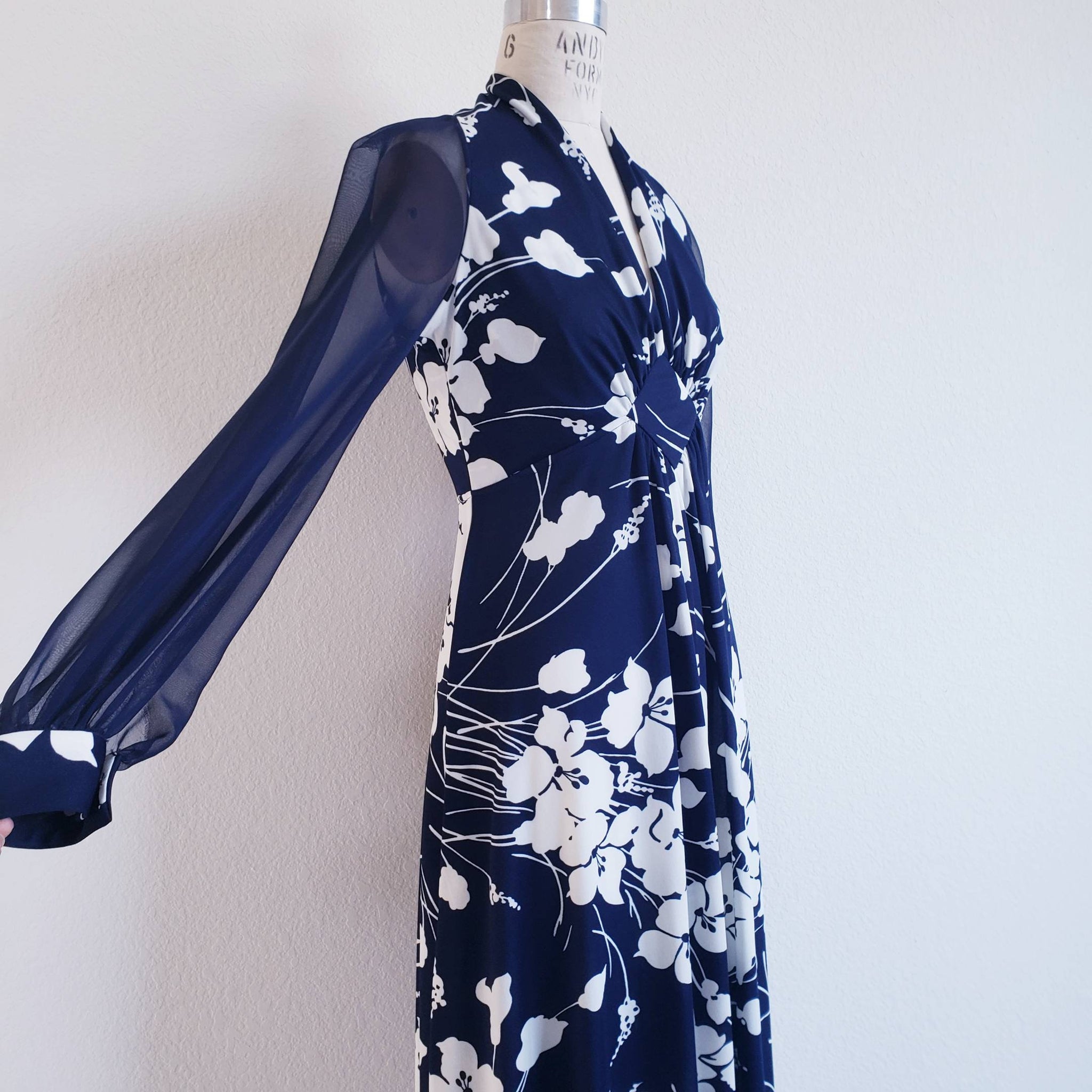 Vintage 70s Blue And White Floral Maxi Dress With Sheer Sleeves ChicCityVintage Vintage 70s Blue And White Floral Maxi Dress With Sheer Sleeves ChicCityVintage