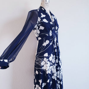 Vintage 70s Blue And White Floral Maxi Dress With Sheer Sleeves - ChicCityVintage