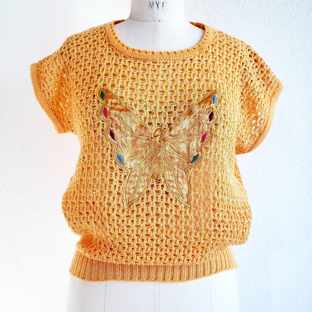 Vintage 80s Orange Butterfly Open Knit Short Sleeve Sweater Top - ChicCityVintage
