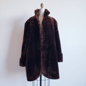 Vintage 70s Fake Faux Brown Fur Swing Coat - ChicCityVintage