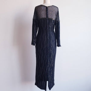 Vintage 90s Black Evening Gown With Bead And Sequin Illusion Detail - ChicCityVintage