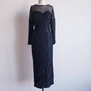 Vintage 90s Black Evening Gown With Bead And Sequin Illusion Detail - ChicCityVintage