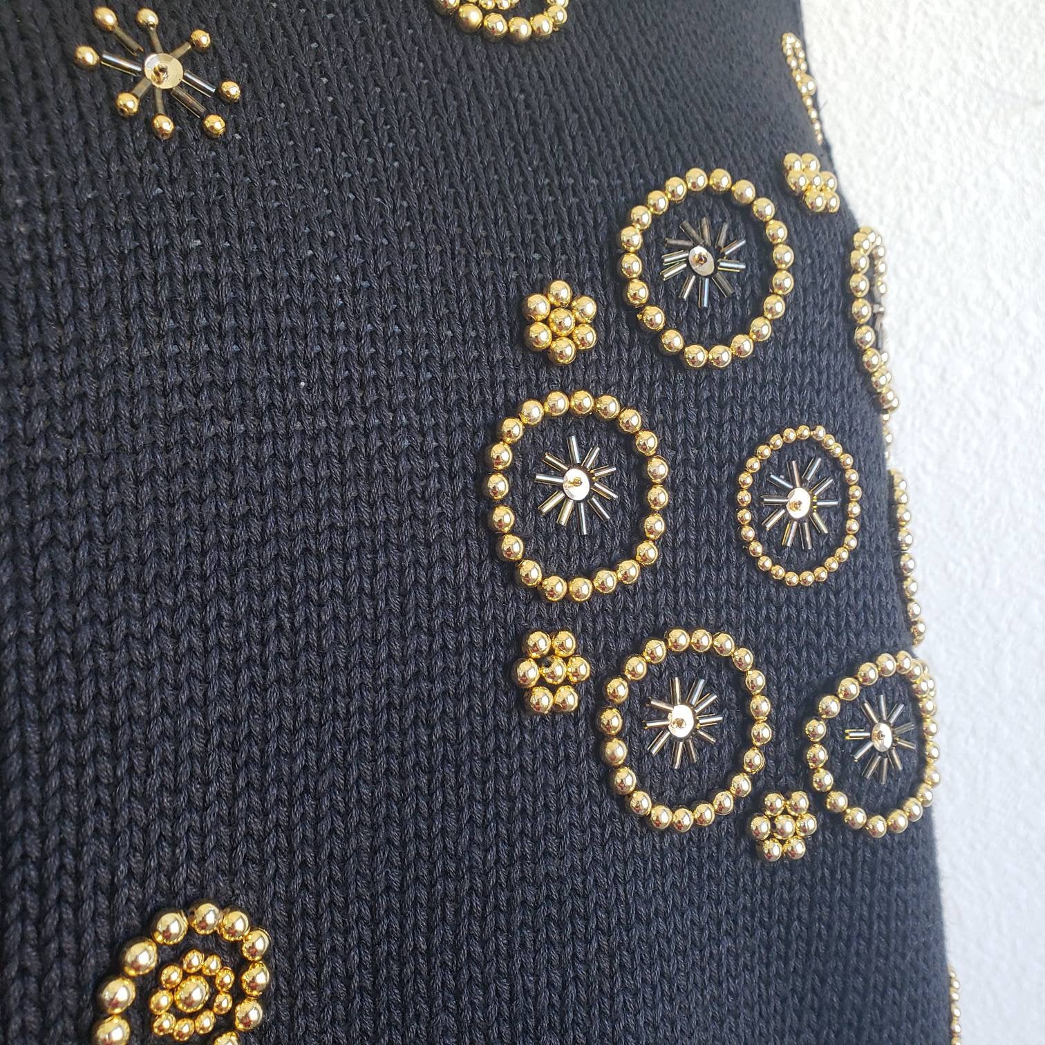 Vintage 80s/90s Donagain Black Gold Beaded Sweater - ChicCityVintage