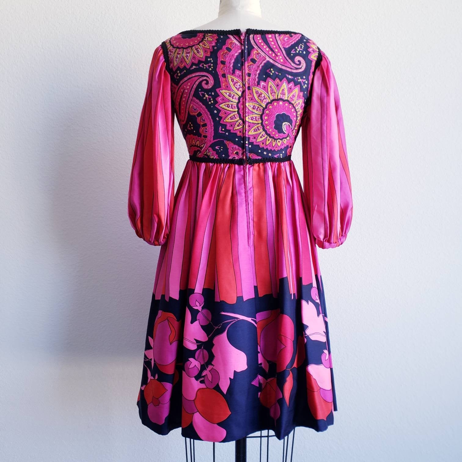 Vintage 70s Empire Waist Mixed Pattern Pink Red Dress