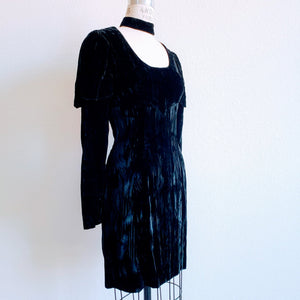 Vintage 90s Crushed Velvet Black Dress with Leg Of Mutton Sleeves - ChicCityVintage