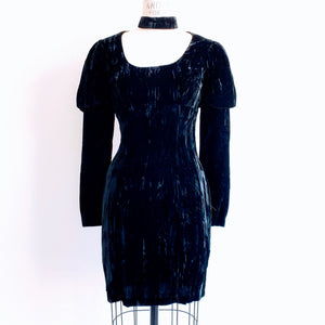 Vintage 90s Crushed Velvet Black Dress with Leg Of Mutton Sleeves - ChicCityVintage