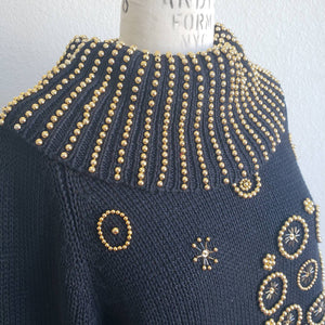Vintage 80s/90s Donagain Black Gold Beaded Sweater - ChicCityVintage