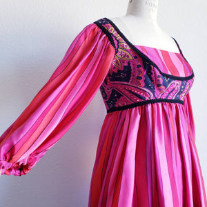 Vintage 70s Empire Waist Mixed Pattern Pink Red Dress - ChicCityVintage